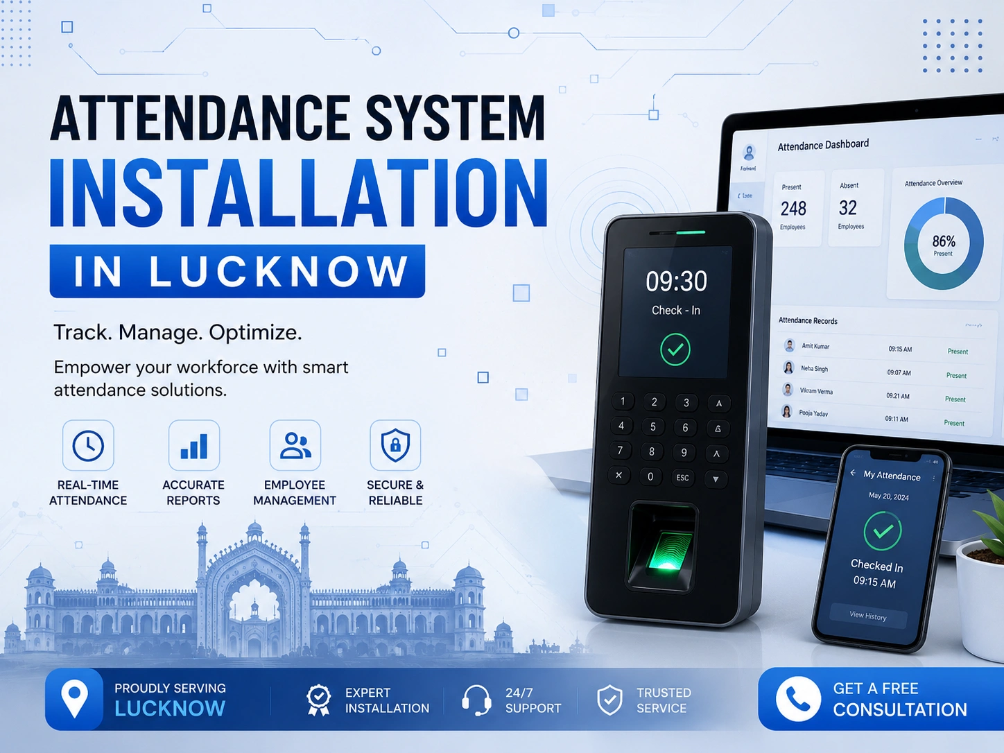 Technician installing a biometric attendance device at an office entrance in Lucknow