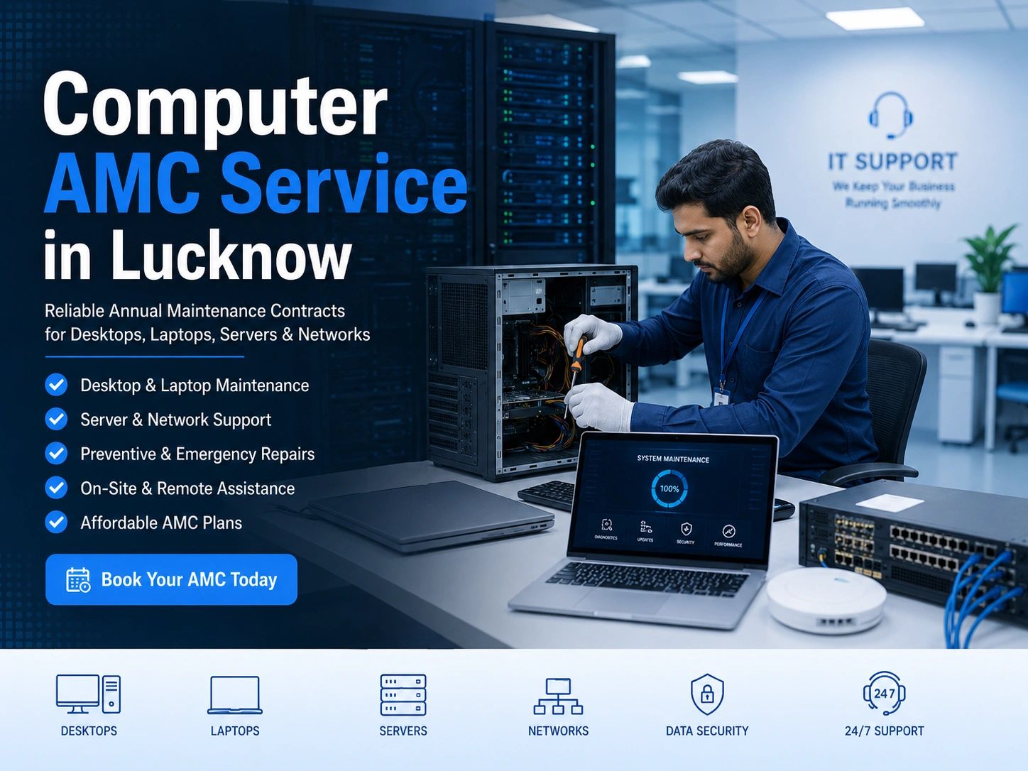 Technician performing scheduled computer maintenance under an AMC at Bharat Digitech, Lucknow