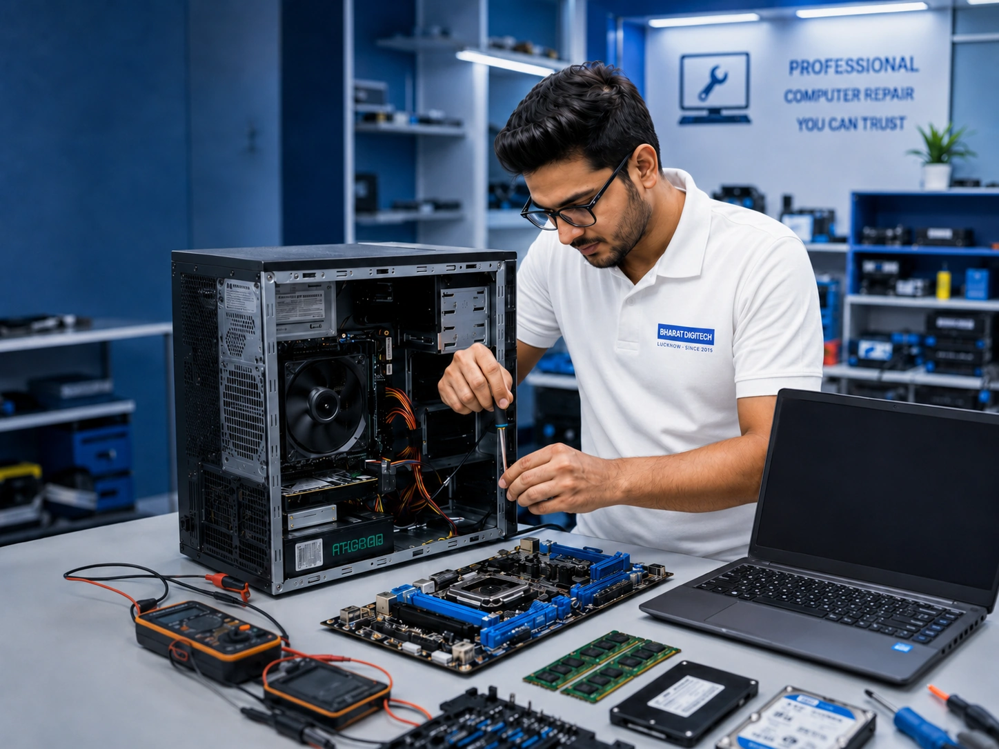 Technician running a diagnostic on a laptop during a computer repair at Bharat Digitech, Lucknow