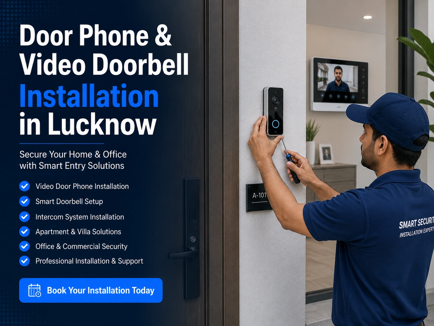Technician installing a video door phone at a home entrance in Lucknow