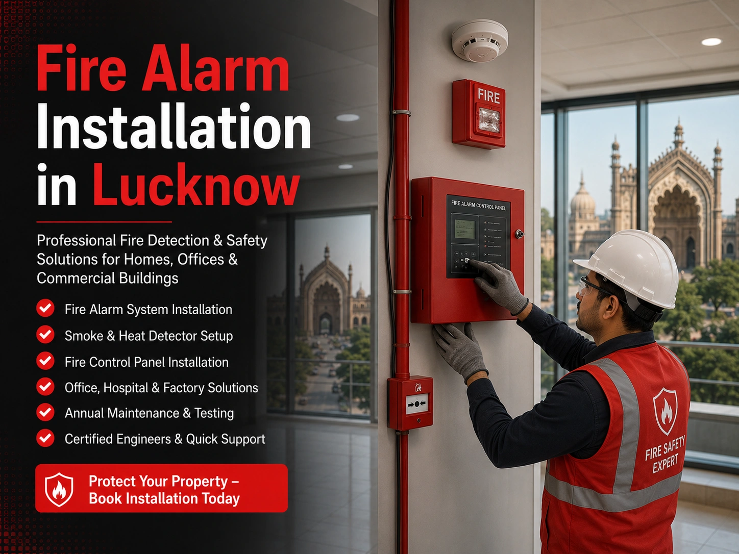 Technician installing a smoke detector and fire alarm panel in an office in Lucknow