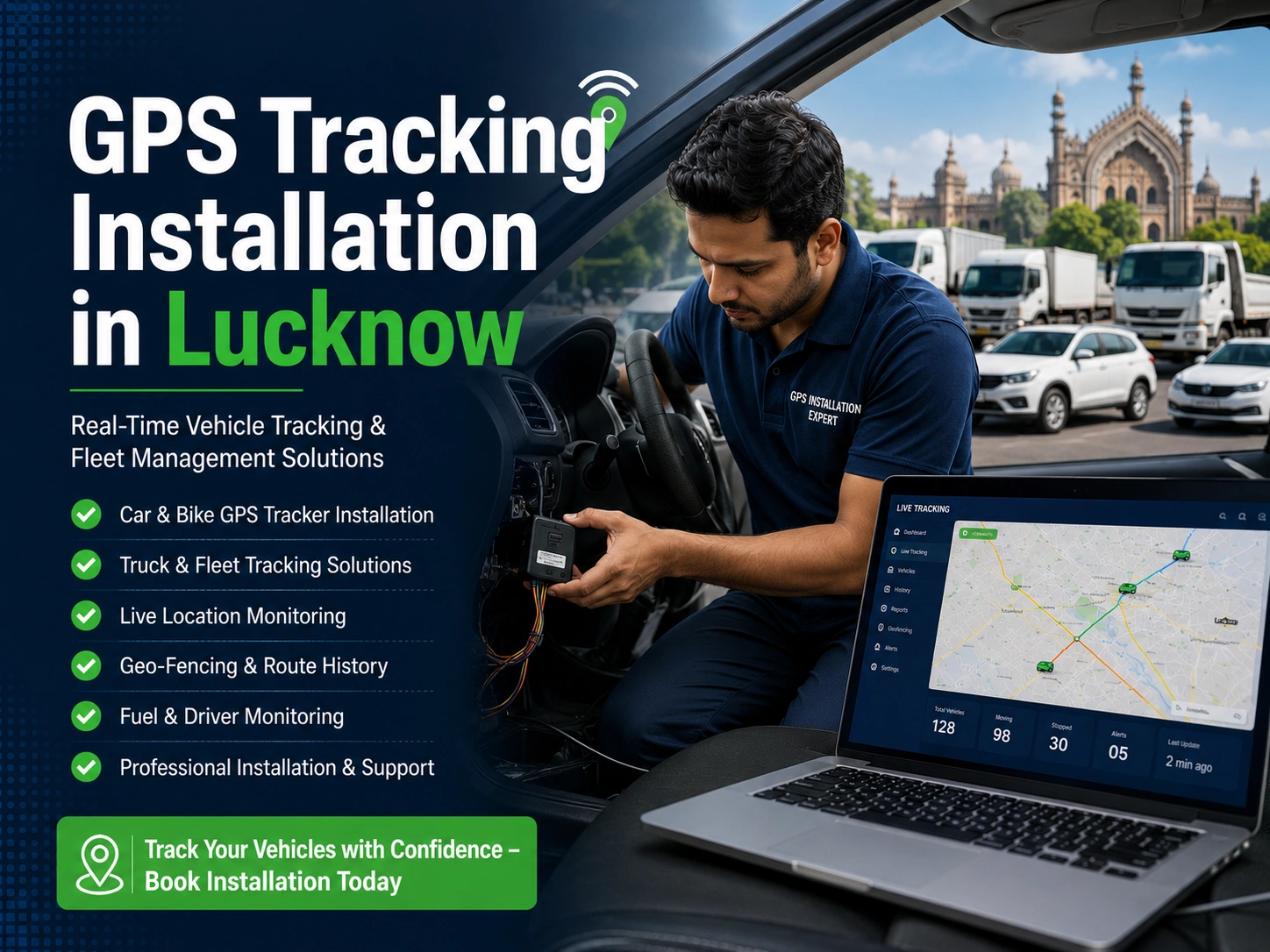 Technician installing a GPS tracking device in a vehicle in Lucknow