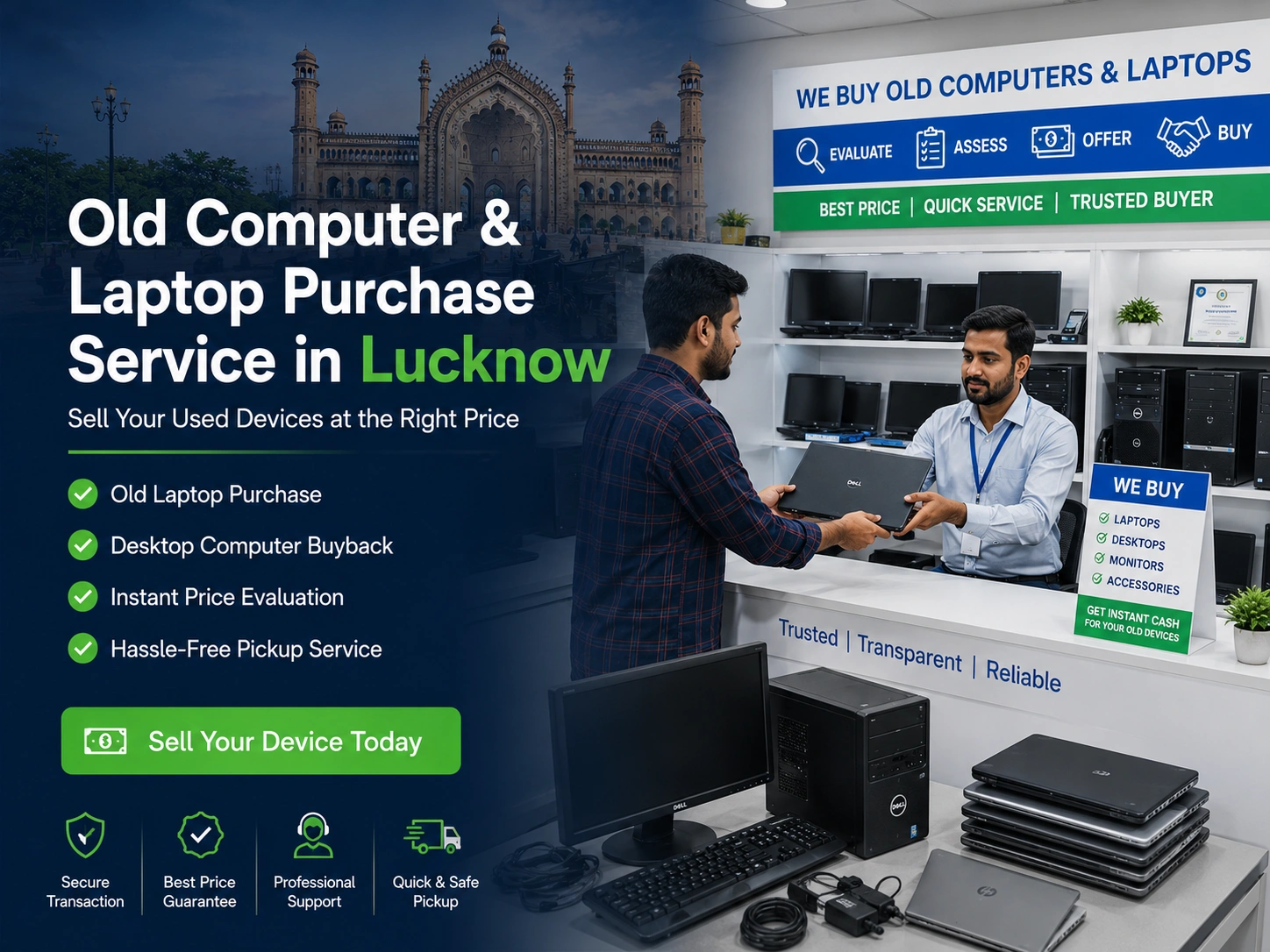 Technician evaluating an old laptop for purchase at Bharat Digitech, Lucknow