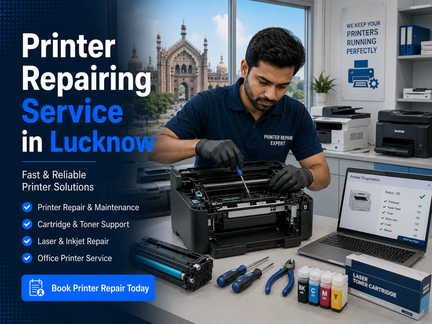 Technician servicing an office printer at Bharat Digitech, Lucknow